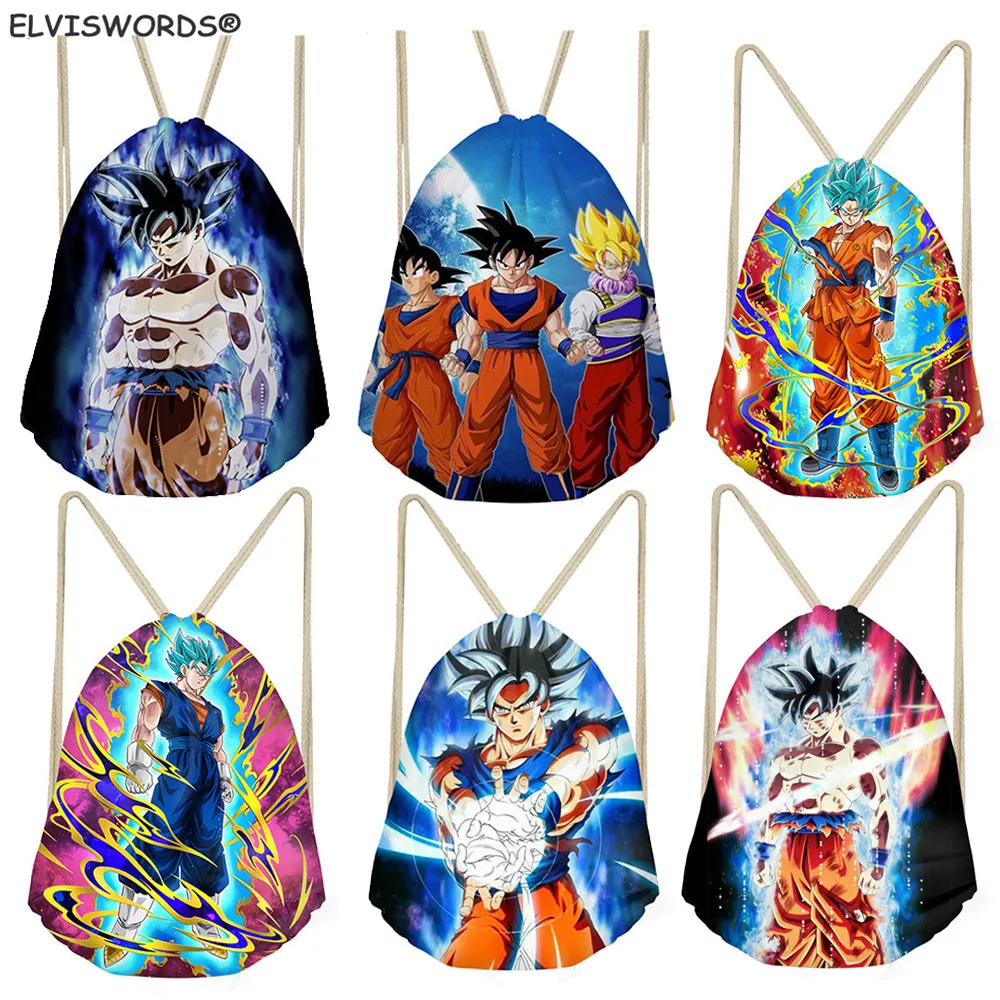 

ELVISWORDS Dragon Ball Printed Travel Beach Sack Bag Customize Logo Drawstring Gym Bag Women Shopping Bag Saiyan Kid School Bag
