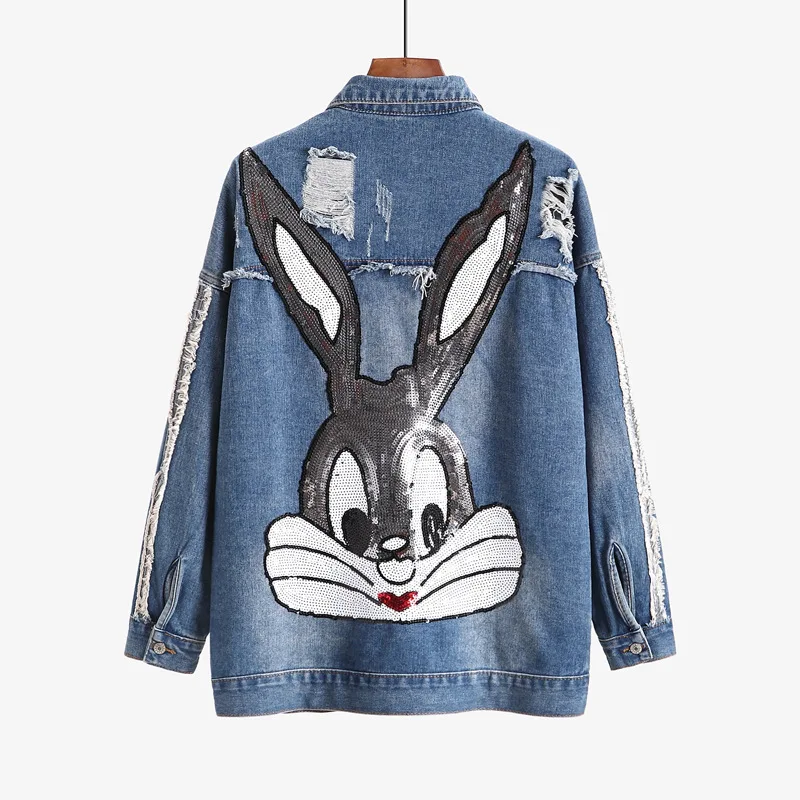

Guapai 2019 Spring Clothing New Style Large Size Dress Fat Mm Loose-Fit Versatile Sequin with Holes Retro Jeans Coat 8012