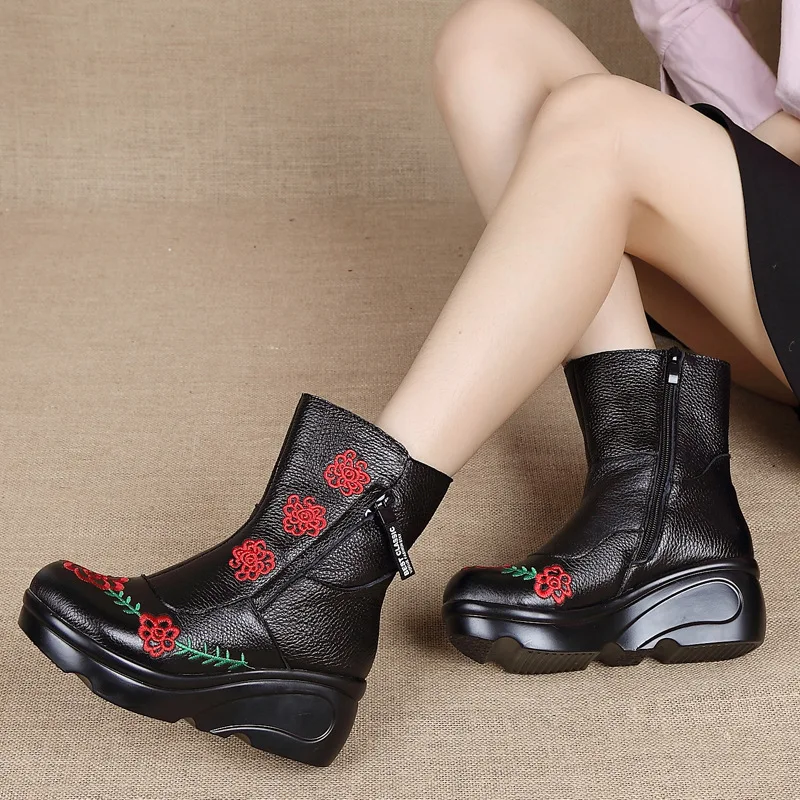 RUSHIMAN New Hand Embroidered National Style women's shoes in leather, thick bottom slope loose pastry bottom cotton shoes 35-40