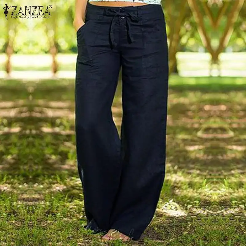 Повседневные широкие брюки ZANZEA женские осенние брюки на элегантных кнопках на молнии Длинные женские укороченные брюки больших размеров женские Pantalon Palazzo