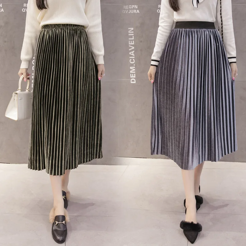 

2018 Autumn And Winter New Style Velvet Pleated Skirt Versatile Metal Color Velvet A- line Skirt Mid-length Women's