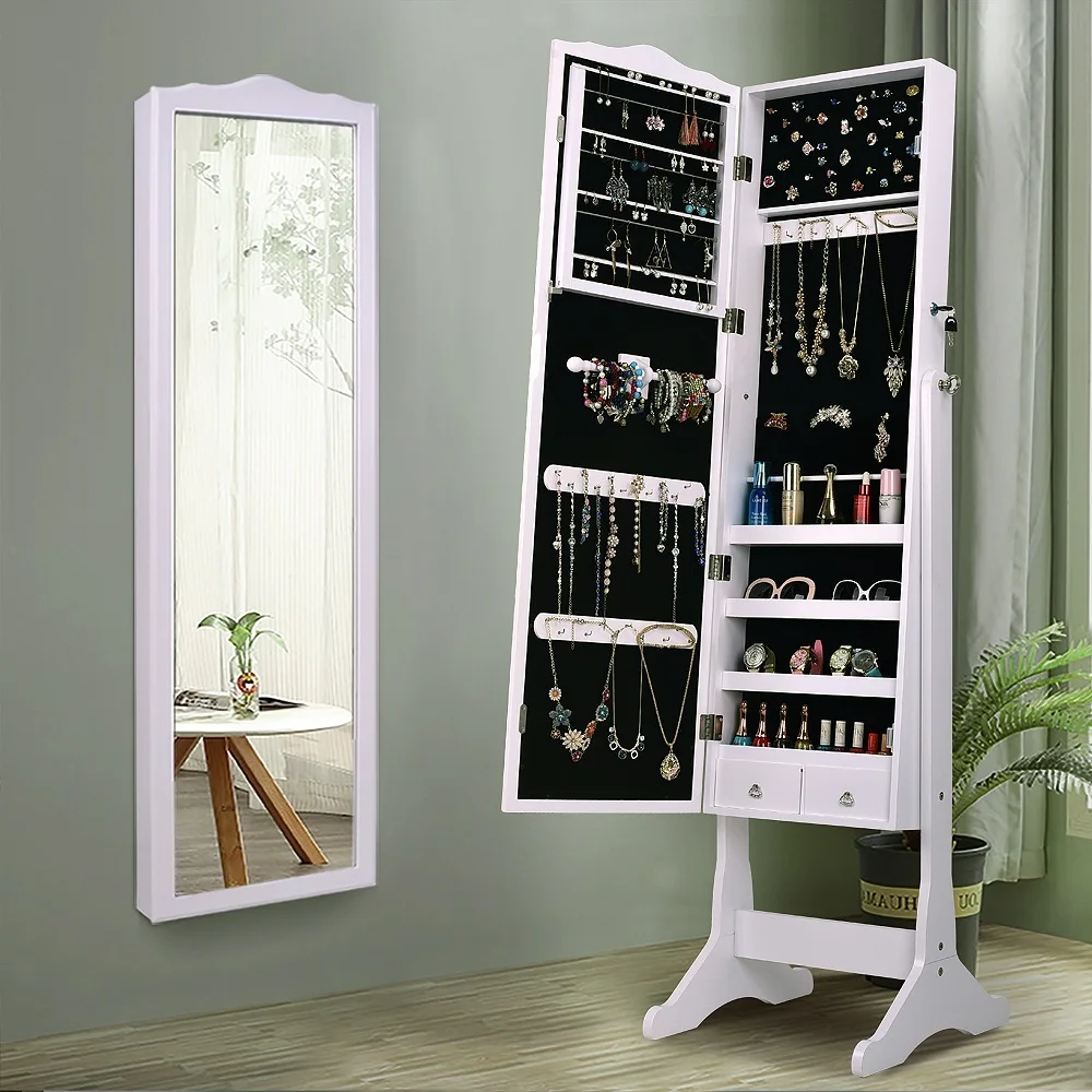 Lockable Jewelry Cabinet Organizer Storage Box Stand with Makeup mirror White Dresser Home Furniture for bedroom (2)