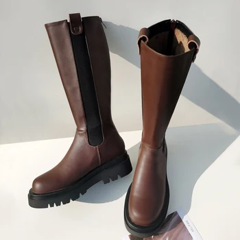 

Genuine leather platform Knee High Boots 2020 Autumn Winter Round Toe Thick high Heels Women boots Party Casual Shoes Woman