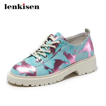

Lenkisen 2020 leisure convenient non-slip full grain leather print round toe med square heels lace up young lady women pumps L70