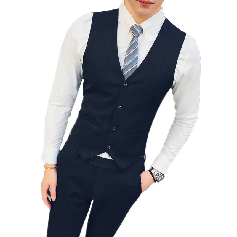 Black striped mens vest and pant 2 piece set business casual vests