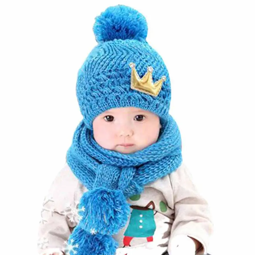 Baby Hat Cute Winter Baby Kids Girls Boys Warm Knitted Woolen Hood Scarf Caps Hats Gift For Your Kids 46-52cm Dropshipping 823 - Цвет: Blue