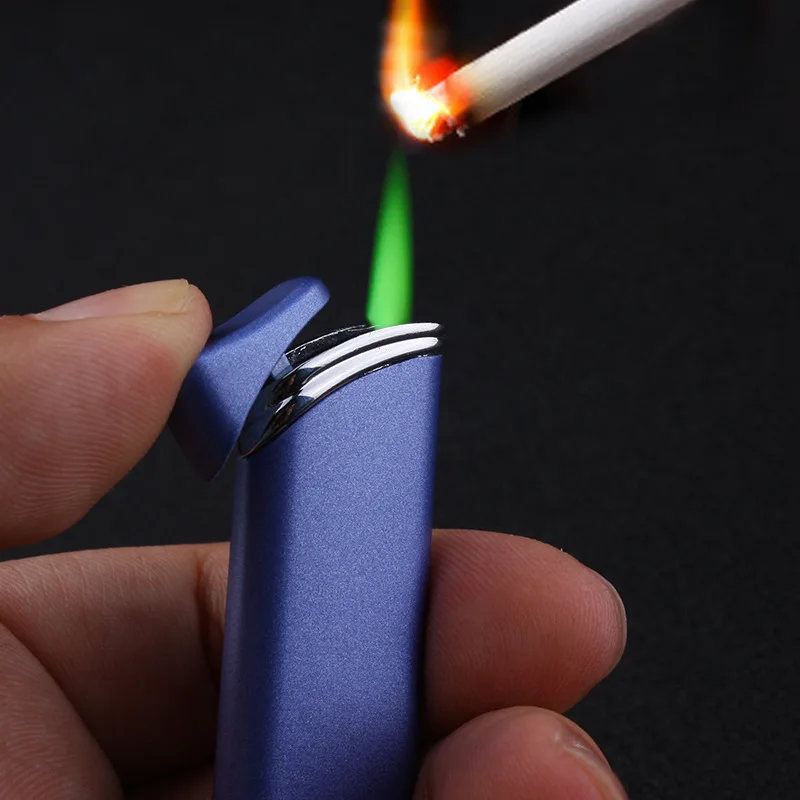 

Thin Strip Jet Lighter Butane Turbo Torch Lighter Inflated Gas Gigar Cigarette Lighter 1300 C Green Fire Windproof Lighter