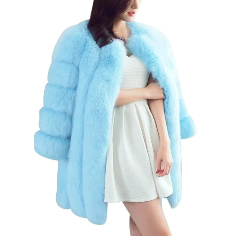 Light Blue Женская Высококачественная меховая Роскошная куртка из искусственного меха Женская Шуба зимние длинные пальто женская искусственная Меховая куртка - Цвет: Light Blue