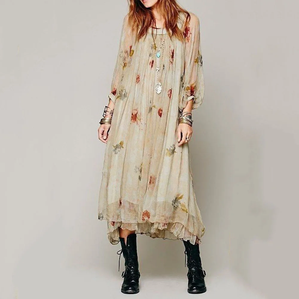 

Bohemian Lace Maxi Long Dress Women Fall Long Sleeve Floral Elegant Sundress Female Beach Trip Boho Dresses Flower Print Vestido