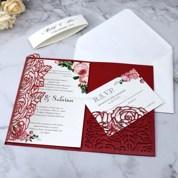 

50pc Plum Laser Cut Wedding Invitation Card Pocket, Elegant Flower Personalized Print Quinceanera Invitation with Cream Belt