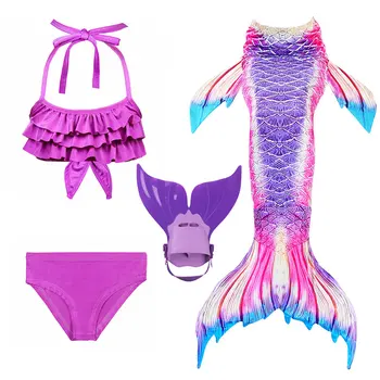 

4pcs Girls Cosplay Mermaid Tails With Monofin Flippers Children Swimming Costume Kid Swimmable Bikini Bathing Swimsuit Mermaid