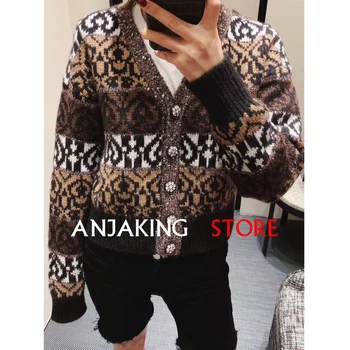 

Women's sweater 2020 retro knitted V-neck cardigan single-breasted long-sleeved sequined gold-color jacquard knitted cardigan