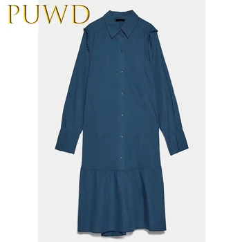 

PUWD 2019 Autumn and winter new clothes women's lotus leaf skirt dress solid color small stand collar Long Sleeve Dress