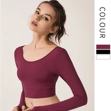 Autumn Women Yoga Long Sleeve Navel exposed T-shirts Back Cross with Brassiere Pad Workout Tops Sports Wear for Women Gym