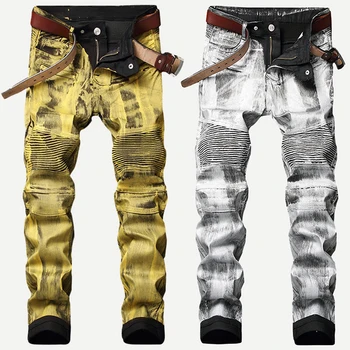 

Fashion Streetwear Men Jeans Golden Silver Coating Paint Deisgner Motor Biker Jeans Homme Punk Pants Spliced Hip Hop Jeans Men