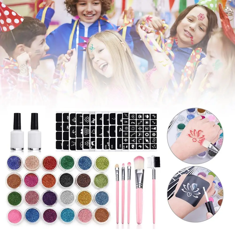 24Pcs Color 125 Templates Set Flash Diamond Glitter Flash Powder For Temporary Tattoo Set Kids Face Body Painting Art Tools Suit