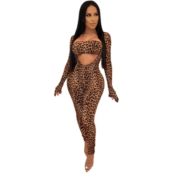 

Winter Women's Set Full Sleeve Leopard Print Jumpsuits+ Crop Top Suit Two Piece Set Tracksuit Outfits Night Club Streetwear