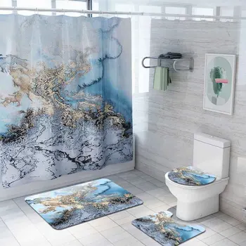 

4pcs For Bathroom Marble Pattern Hotel Printed Shower Curtain Set Home Decor Floor Mat Kitchen Bathtubs With 12 Hooks Microfiber