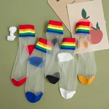 

Korean Women Summer Glass Fiber Mid Tube Socks Bright Rainbow Stripes Candy Colored Transparent Harajuku Hipster Hosiery