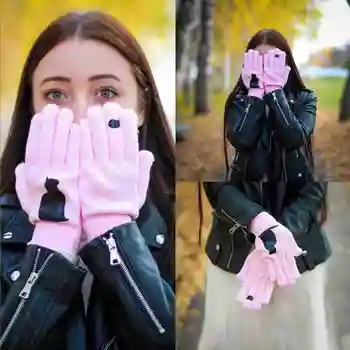 

Women Cashmere Knitted Winter Gloves Cute Cat Print Full Finger Gloves Girl Female Mittens Solid Woolen Windproof Gloves