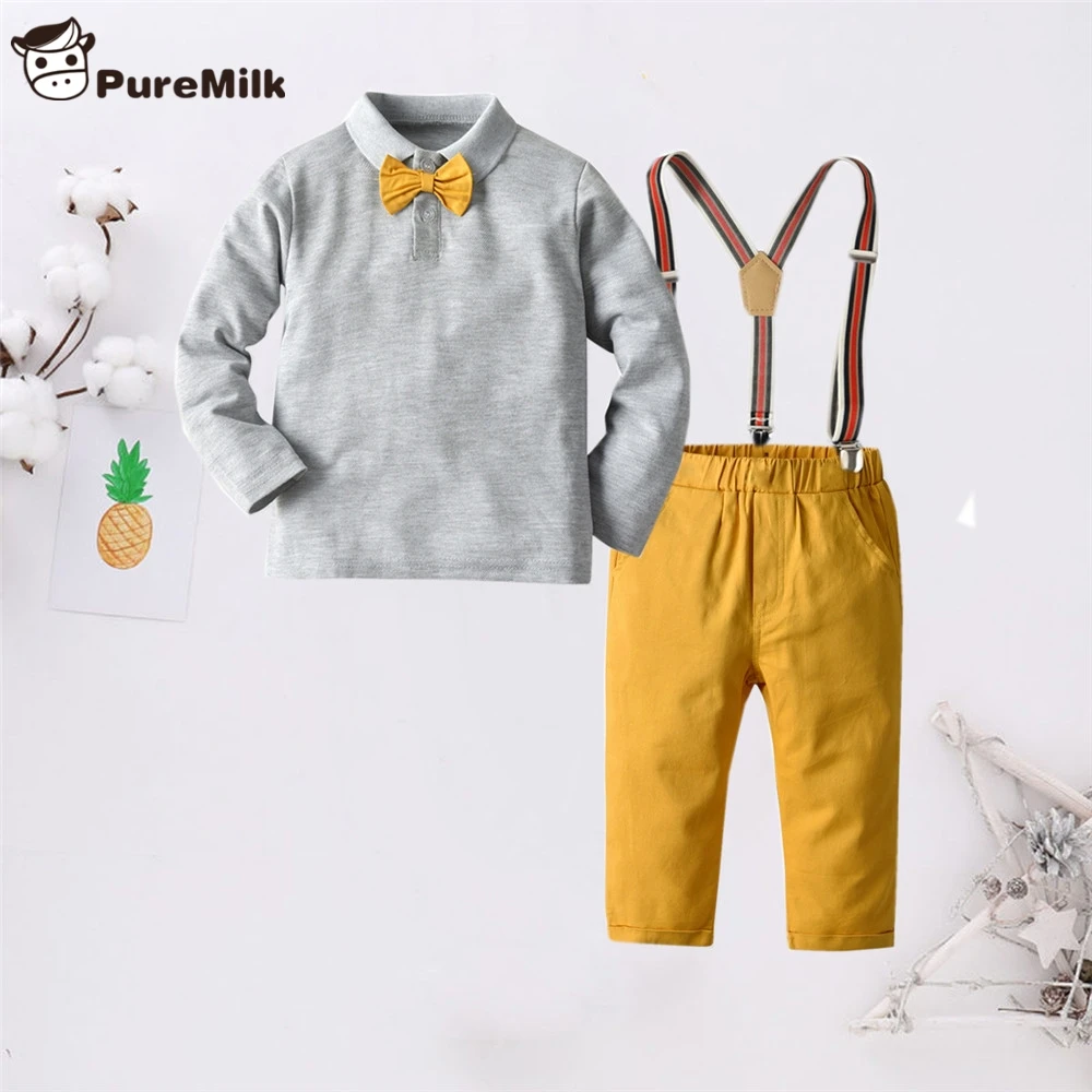 PureMilk Boys Clothing Set Long Sleeve Cotton Shirt With Strap Pant Yellow Clothes For Kids 2Y-6Y |