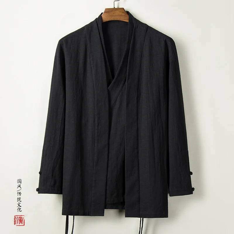 Men Youth Autumn And Winter New Style Chinese-style Flax Versatile Ethnic-Style Solid Color V-neck Long-sleeved Coat