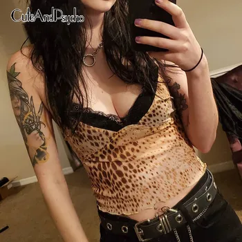 

Deep V-neck Sexy Women's Summer Cropped Top Lace Patchwork Backless Skinny Tops Leopard Printed Bodycon 90s Camis Cuteandpsycho