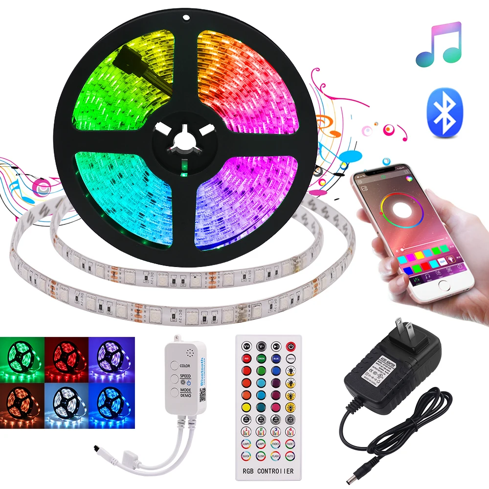 

RGB LED Strip DC12V 60Leds/m IP21 IP65 Waterproof Flexible Bluetooth Music Control 5050 LED Lights US/EU/UK/AU Set 5m 10m