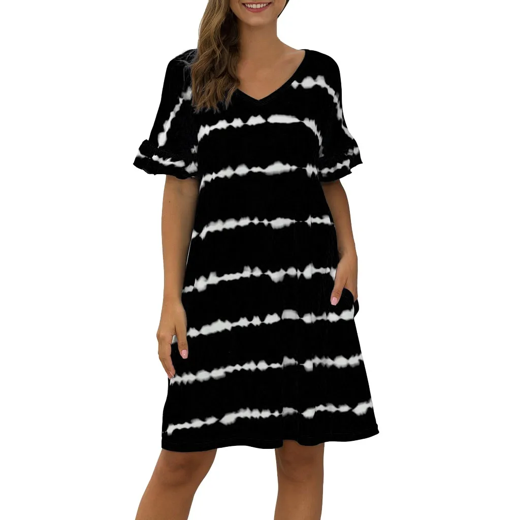 Black Vestido размера плюс, платье с коротким рукавом, свободные, волнистые полосы, галстук, окрашивание, Повседневное платье, летняя женская одежда, sukienki na wesele damskie - Цвет: Black