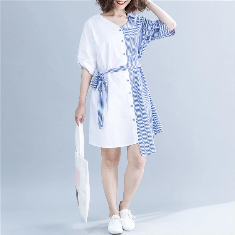 

2019 Summer New Korean Plus Size Striped Stitching Dresses Irregular Fashion V-Neck Slim Women Casual Shirt Dresses LJ2323