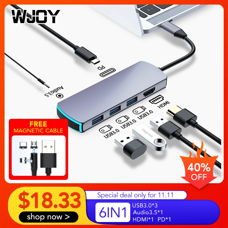 WJOY док станция для Тип C Мульти USB 3 0 HDMI PD 5 мм сплиттер Порты и разъёмы ноутбука Apple