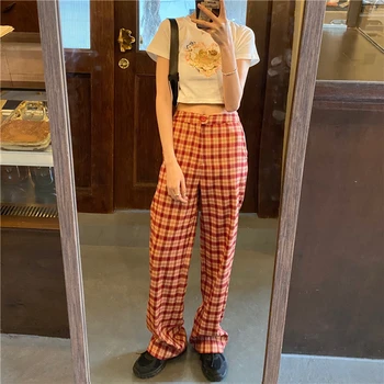 

HOUZHOU Wide Leg Pants Women 2020 Summer Korean Style Plaid Pants Women Vintage Checkered Pants High Waist Wide Trousers Women