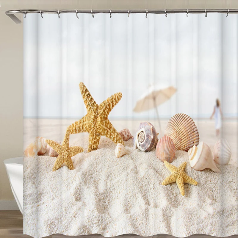 Bath Curtain Sea Beach Shell Starfish Shower Curtains 180*180cm Waterproof Bathroom Home Washable Fabric Screen 12 Hooks | Дом и сад