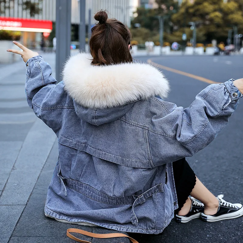 

2019 Autumn And Winter New Style Korean-style Loose-Fit Hooded Ultra Large Fur Collar Cowboy Cotton-padded Clothes Women's Mid-l