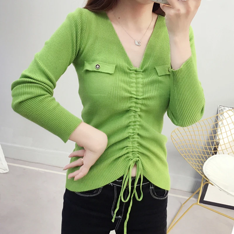 

AOSSVIAO 2019 Autumn Winter Women Sweaters Drawstring O Neck Sweater Women Ruched Pockets Knitted Pullover Knit Jumper Ladies