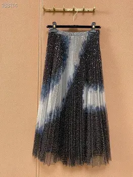 

Runway Ladies Pleated Skirt Women Summer 2020 New Printing Sequins Mesh Midi Skirts Hot Sale Color Patchwork Fashion