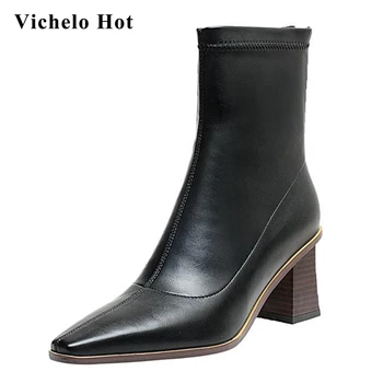 

Vichelo Hot big size concise style microfiber dating nightclub classics square toe thick high heel zipper noble ankle boots L0f2