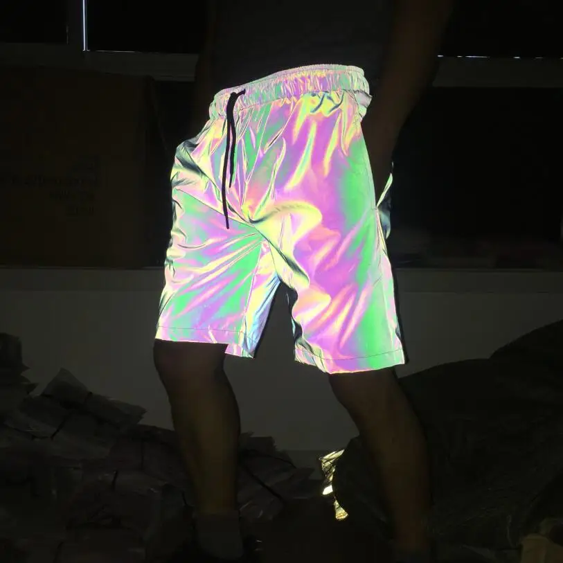 

Men summer night shiny colorful reflective shorts elastic waist street dance short pants men casual hip hop punk short homme