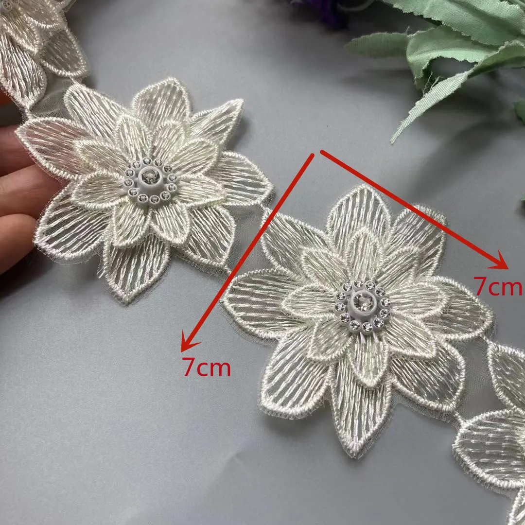 

1 Yard Ivory Embroidered African Lace Trim Ribbon Polyester 3D Flowers Fabric Handmade Sewing Craft For Costume Hat Decoration