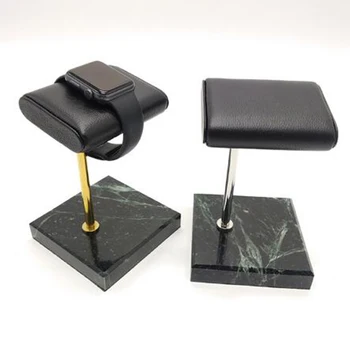 

2pcs Black Marble & PU Watch Holder Stand for Display Golden +Silver Rod
