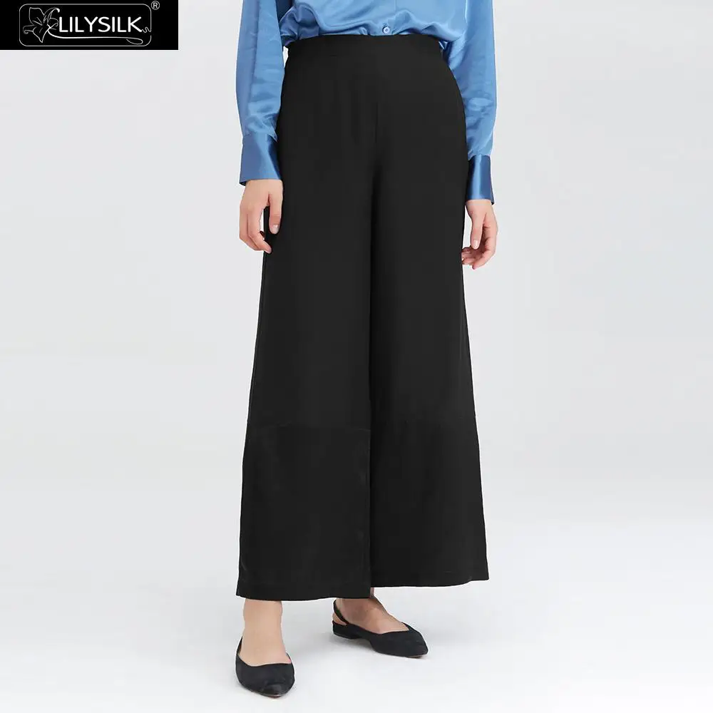 LILYSILK брюки сплайсинга шелк Широкие Женские Новые - Цвет: Black