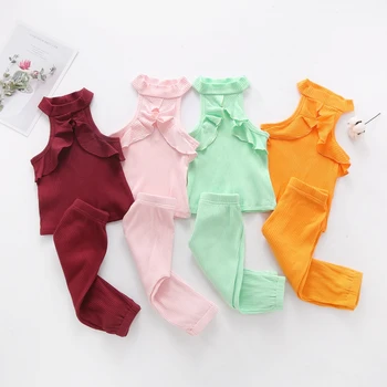 

Children's O-Neck Cute Suit Solid Color Off-the-shoulder Lace Suit Girls Sleeveless Pit Strip Top + Trousers Two-piece 2020 New