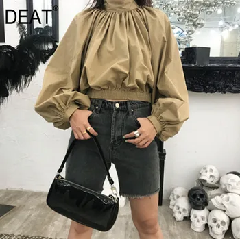 

DEAT 2020 summer new High quality khaki pleated puff sleeve Turtleneck loose large size casual top Solid color shirt QJ226