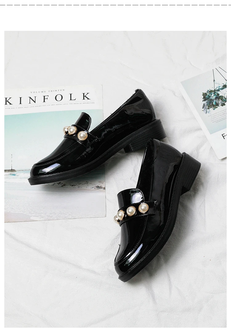 2020 Patent Leather beads oxfords women shoes british derby shoes for woman flats pearl slip on add cashmere loafers size 34-42