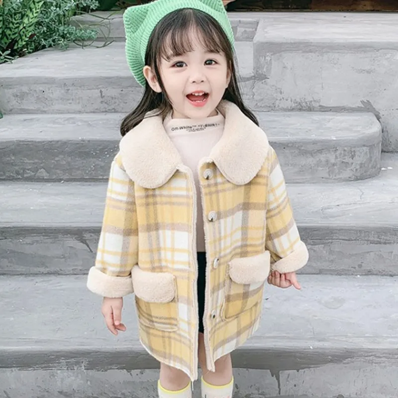 

HziriP 2020 New Winter Spring Plaid Fur Collar Plus Fleece Baby Coat Single-breasted Long Sleeve Casual Girls Jackets Outwear