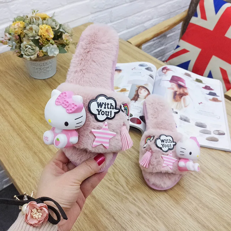 Winter Home Slippers Women Fur Plush Sandals Hello Kitty Woman Indoor Slippers House Shoes Socofy Platform Shoes Potato Slippers