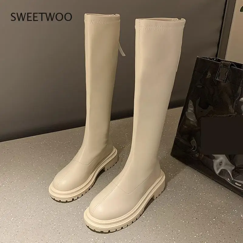 2022 Winter Long Brand Women's Boots Knee High Luxury Chelsea Chunky Platform Shoes Zipper Round Toe