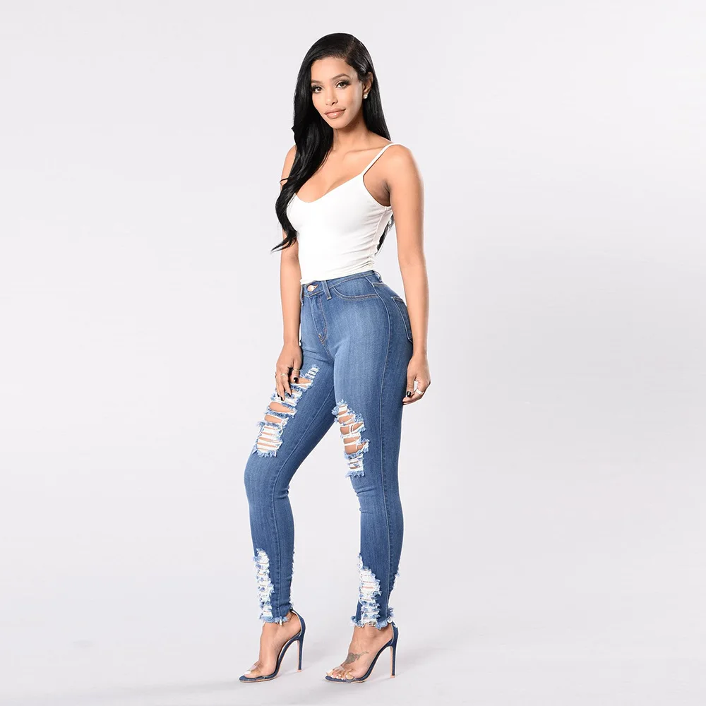 High Waist Jeans For Women Slim Stretch Holes Denim Bodycon Skinny Push Up Jeans Ripped Women's Jeans Multiple Colour 3XL zara jeans