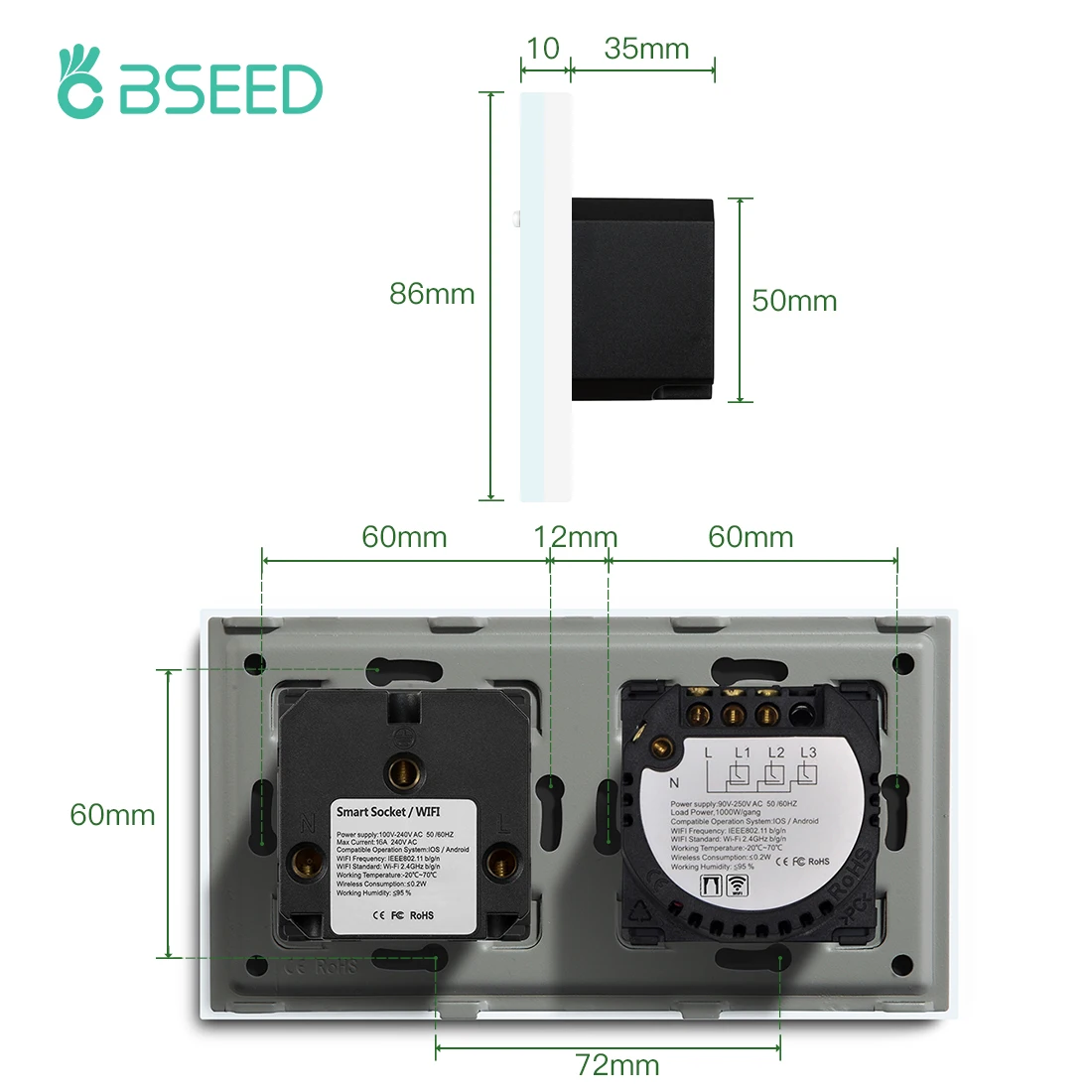 BSEED 와이파이 커튼 스위치, 스마트 터치 벽 스위치, EU 표준, 와이파이 소켓, 터치 스크린 스위치, 스마트 라이프, 투야 앱