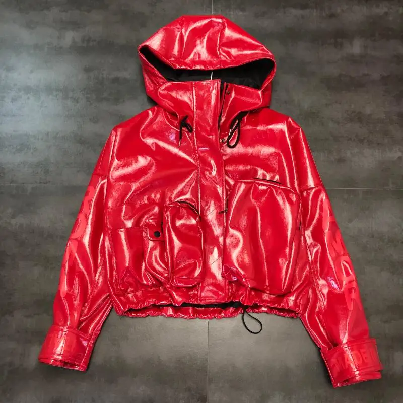 red Осень, с капюшоном, с буквенным принтом, черная блестящая куртка из искусственной кожи, Женское пальто, байкерская куртка с карманами, ramoneska chaqueta cuero mujer - Цвет: red